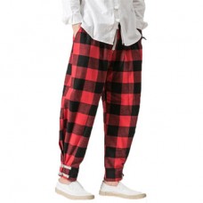 Men Casual Harem Plaid Loose Pants Button Adjustable Ankle Long Joggers Trousers