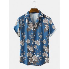 Mens Vintage Flower Print Revere Collar Short Sleeve Shirt