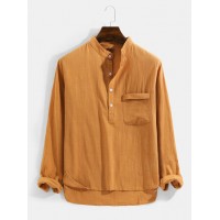 Mens Solid Color Chest Pocket Casual Basic Long Sleeve Henley Shirts