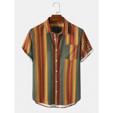 Mens Vintage Striped Geo Print Lapel Holiday Short Sleeve Shirts