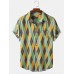 Mens Color Block Contrast Geometric Lapel Short Sleeve Shirt