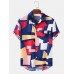 Mens Color Block Contrast Lapel Short Sleeve Shirt