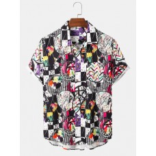 Mens Color Block Contrast Graffiti Lapel Short Sleeve Shirt