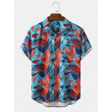 Mens Color Block Contrast Lapel Short Sleeve Shirt