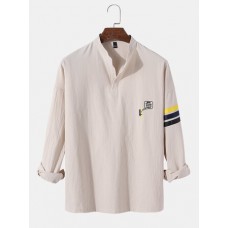 Mens Fnuuy Pattern & Slogant Embroidery Side Stripe Preppy Henley Shirt