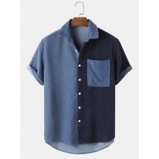 Mens Corduroy Patchwork Pocket Lapel Short Sleeve Shirt