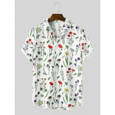 Mens Colorful Frower Leaf Print Revere Collar Short Sleeve Shirt