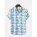 Mens Flower Print Stripe Lapel Short Sleeve Shirt