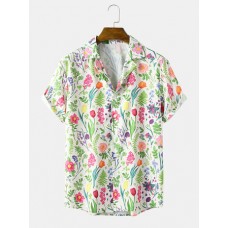 Mens Flower Print Revere Collar Short Sleeve Shirt