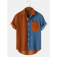 Mens Colorblock Corduroy Pocket Short Sleeve Casual Shirts