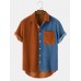 Mens Colorblock Corduroy Pocket Short Sleeve Casual Shirts