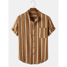 Mens Vintage Striped Pocket Stand Collar Shirts