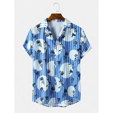 Mens Flower Print Stripe Revere Collar Short Sleeve Shirt