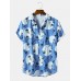 Mens Flower Print Stripe Revere Collar Short Sleeve Shirt