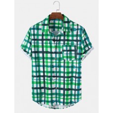 Mens Wave Srtipe Plaid Pocket Short Sleeve Shirt