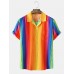 Mens Colorful Striped Revere Collar Pocket Street Short Sleeve Shirts