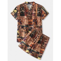 Mens Abstract Print V-Neck Short Sleeve Top Home Pajamas Sauna Sweating Suit