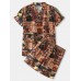 Mens Abstract Print V-Neck Short Sleeve Top Home Pajamas Sauna Sweating Suit