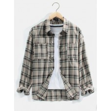 Mens Vintage Plaid Lapel Double Pocket Casual Long Sleeve Shirts