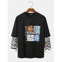 Mens Graphic Print Zebra Patchwork Faux Twinset Long Sleeve T-Shirt