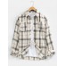 Mens Plaid Print Double Pockets Cotton Long Sleeve Lapel Casual Shirt