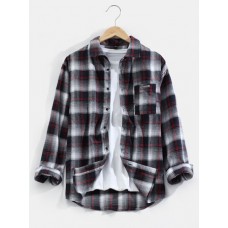 Mens Plaid Chest Pocket Long Sleeve Curved Hem Casual Shirts