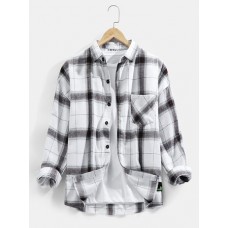 Mens Plaid Long Sleeve Lapel Casual Shirts With Chest Pocket