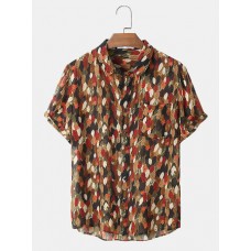 Mens Colorful Leaves Print Holiday Short Sleeve Casual Shirt