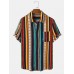 Mens Vintage Striped Print Ethnic Style Short Sleeve Holiday Shirt