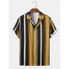 Mens Multicolor Striped Revere Collar Short Sleeve Daily Shirt