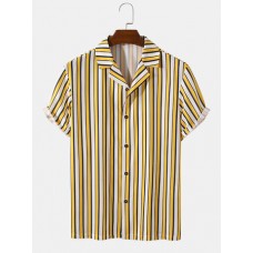 Mens Striped Print Revere Collar Short Sleeve Casual Shirt