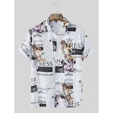 Mens Vintage Figure Letter Print Lapel Short Sleeve Shirts