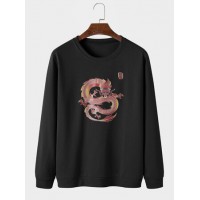 Mens Oriental Dragon Graphic Print Round Neck Pullover Cotton Sweatshirts