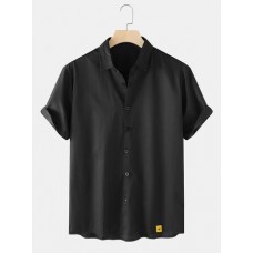 Mens Label Solid Color Lapel Button Up Short Sleeve Shirts