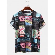 Mens All Over Cartoon Anime Letter Print Short Sleeve Street T-Shirts