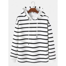 Mens Contrast Horizontal Striped Plain Drawstring Overhead Hoodies