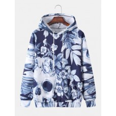 Mens All Over Plant Leaf Print Drawstring Hoodies With Kangaroo Pocket