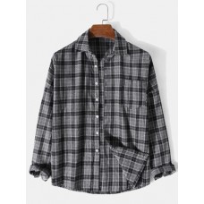 Mens Vintage Check Print Cotton Button Lapel Long Sleeve Casual Loose Shirt