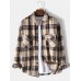 Mens Plaid Print Double Pockets Cotton Lapel Long Sleeve Casual Shirt