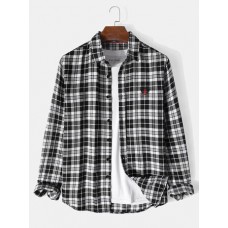 Mens Classical Plaid Print Cotton Button Front Lapel Long Sleeve Shirt