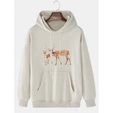 Mens Cartoon Elk Print Drop Shoulder Kangaroo Pocket Hoodies