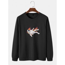 Mens Flame Astronaut Graphic Round Neck Cotton Pullover Sweatshirts