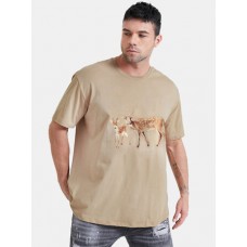 Mens Deer Oil Painting Print O-Neck Cotton Short Sleeve Plus Size T-Shirt