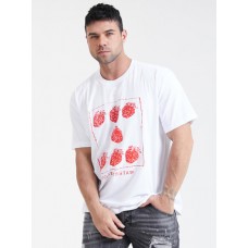 Mens Hand-Painted Strawberry Print O-Neck Plus Size Short Sleeve T-Shirt