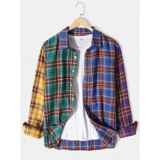 Mens Plaid Patchwork Button Up Lapel Casual Long Sleeve Shirts