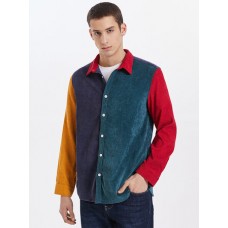 Mens Corduroy Multi Color Patchwork Lapel Casual Long Sleeve Shirts