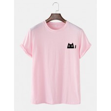 Mens Cute Cat Solid Color Casual O-Neck Short Sleeve T-Shirts