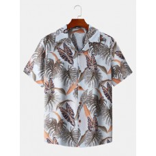 Mens All Over Leaf Print Revere Collar Short Sleeve Holiday Shirts