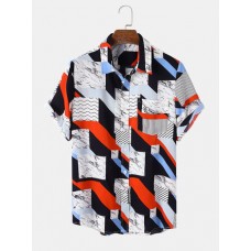 Mens Geometry Print Lapel Short Sleeve Holiday Casual Shirts