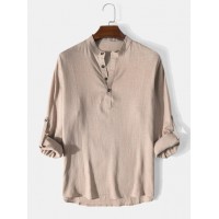 Mens Solid Stand Collar Linen Long Sleeve Henley Shirts With Sleeve Tabs